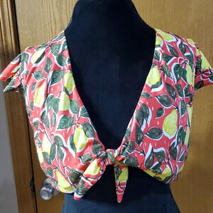 Beach Betty pear pattern swimsuit top ruffle cap shoulders tie front NWT